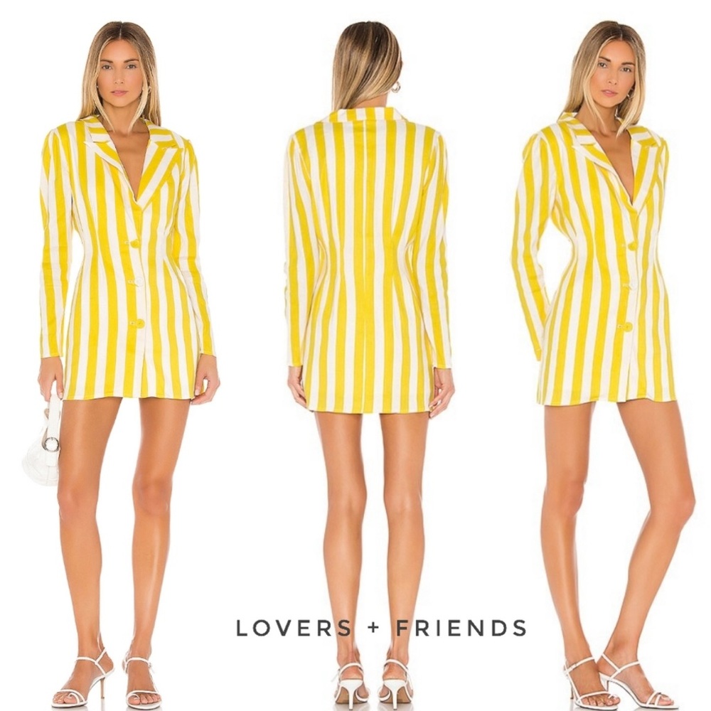 Lovers and Friends City Blazer Dress in Lemon Stripe.
